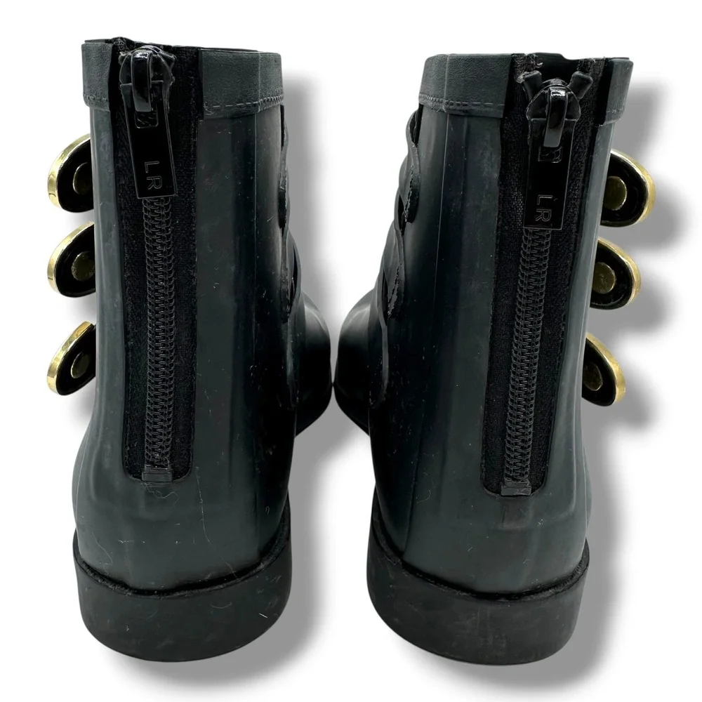 Loeffler Randall Fenton Black Rubber Triple Buckle Rain Boot Gold Hardware Ankle